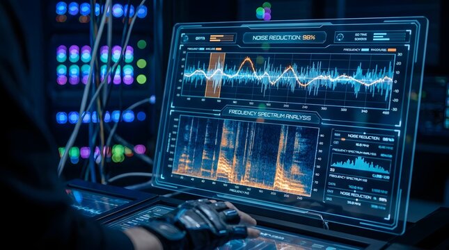 Close-up of computer screen displaying audio waveforms and spectrograms in a dark room with frequency spectrum waveform spectrogram computer