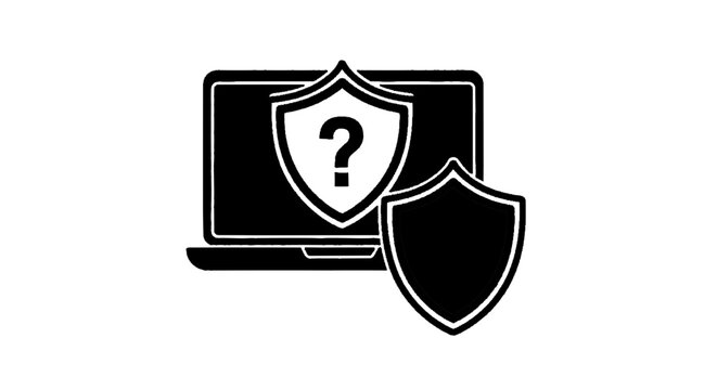 Minimal black silhouette icon, simple flat vector, bold black shape, no, no shading laptop computer with security shield icon and question mark symbol on a, flat icon style