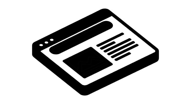 Minimal black silhouette icon, simple flat vector, bold black shape, no, no shading isometric web browser window icon on a, flat icon style