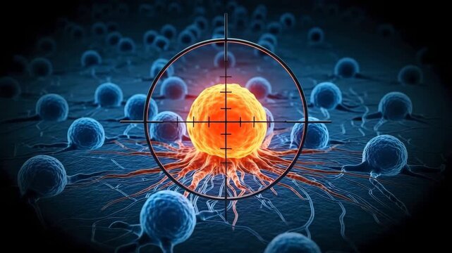 Targeted cancer cell in microscopic view for the concept of medical science and disease research.