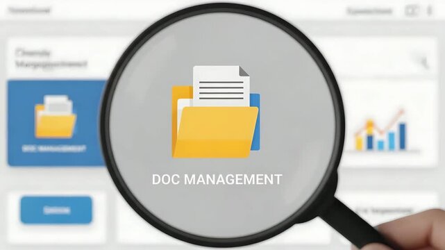 A magnifying glass over a document management interface for the concept of data organization and analysis.