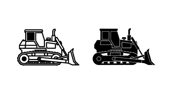 Minimal black silhouette icon, simple flat vector, bold black shape, no, no shading bulldozer icons set, construction machinery, heavy equipment vector on a, flat icon style