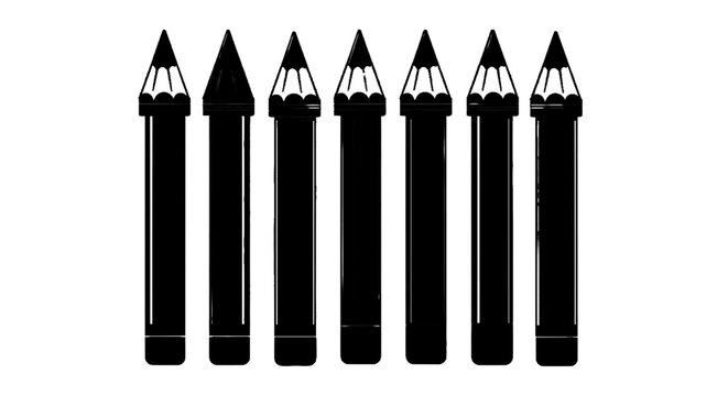 Minimal black silhouette icon, simple flat vector, bold black shape, no, no shading set of seven black pencils with sharpened tips on a, flat icon style