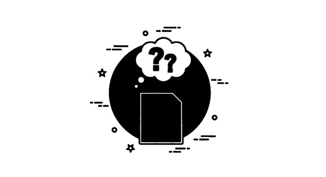 Minimal black silhouette icon, simple flat vector, bold black shape, no, no shading document icon with question marks in a thought bubble on a, flat icon style