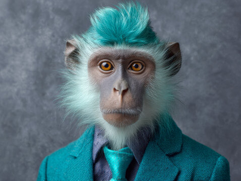 Portrait of a monkey with turquoise fur styled in a formal suit and tie against a textured gray background in a surreal artistic setting