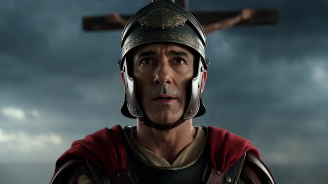 Roman soldier standing before Jesus Christ on the cross during a storm. Biblical reenactment scene expressing awe and realization of truth under dark lightning.
