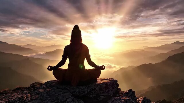 Silhouette meditating yogi on mountain peak at sunrise, serene spiritual enlightenment, calm peaceful atmosphere, golden sun rays through clouds