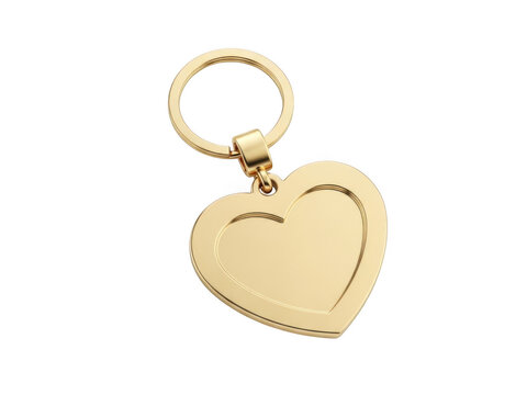 Shiny gold heart shaped keychain with smooth metallic finish and key ring isolated on transparent background
