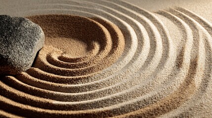 Naklejka premium A serene Japanese rock garden scene with a large stone surrounded by concentric sand ripples.
