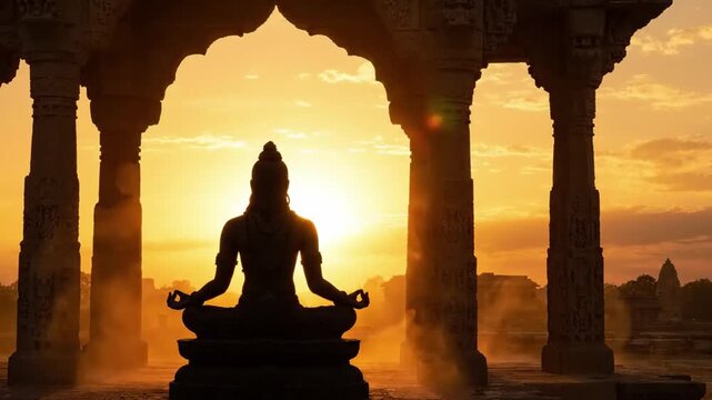 Silhouette of a person meditating in lotus pose within ancient temple ruins at sunrise, warm golden light, spiritual enlightenment, tranquil atmosphere
