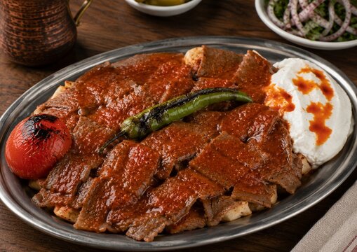 Authentic Iskender Kebab on Metal Serving Plate with Tomato Sauce