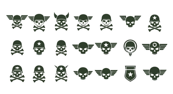 Military Skull Emblems Set: Wings, Helmets, Stars & Shields
