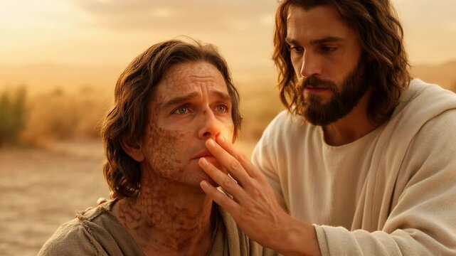 Jesus Christ healing a man with leprosy touch. Biblical scene of divine miracle and restoration. Healing of the sick through faith, gospel ministry narrative.