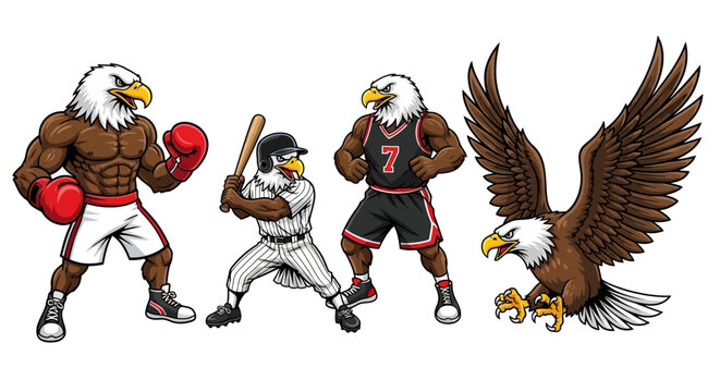 eagle sports mascots and athletic cartoon characters representing boxing baseball and basketball plus a flying eagle.