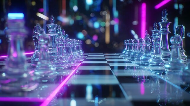 A futuristic chess game setup on a neon-lit board with glowing pieces in a dark room