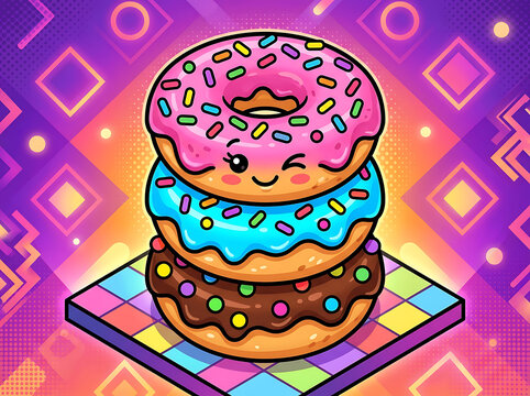 Retro pop art illustration of a sweet donut stack featuring a winking kawaii character against an orange and purple halftone background.