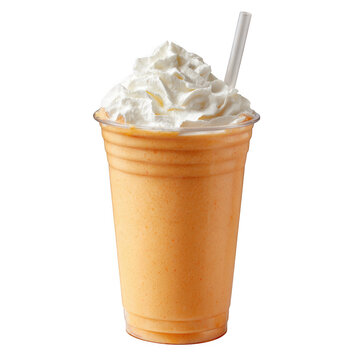 Delicious orange milkshake with whipped cream and straw isolated on transparent background