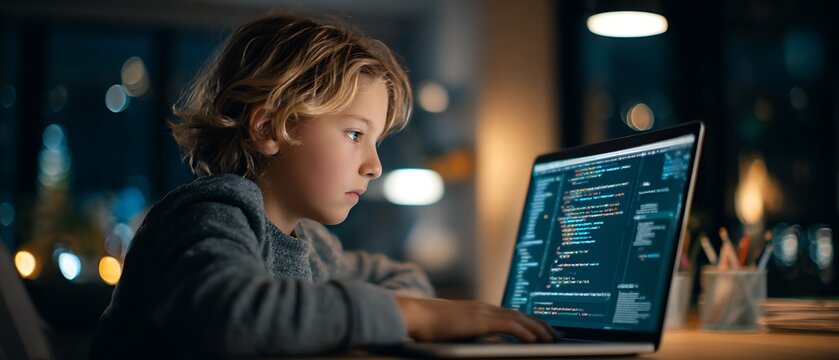 A young boy intensely focuses on coding late at night in a dimly lit room.