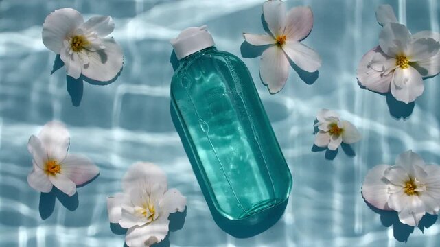 Bottle with for serum, oil, emulsion and reflections sunlight in slow motion. Drop shadow effect with wave refraction of light. Sun and shadows. Layout for advertising goods, cosmetic products. 4k 