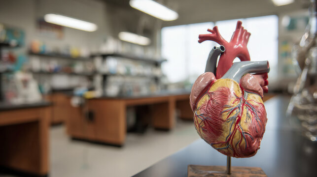 Anatomical model of the human heart displayed on a stand in a bright educational laboratory with blurred desks and scientific equipment in the background