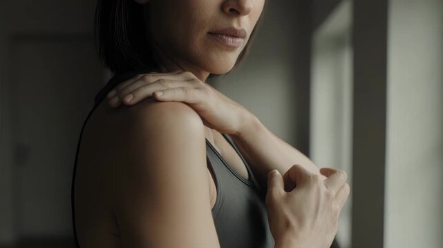 Female athlete with painful shoulder after workout, representing rotator cuff injury, muscle strain, sports trauma