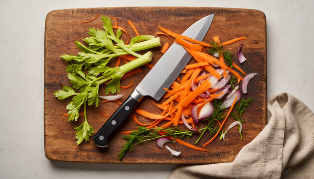 Top down view of a sharp steel chef knife on a rustic wooden cutting board surrounded by freshly chopped julienne carrots, green celery sticks and sliced red onions in a bright kitchen
