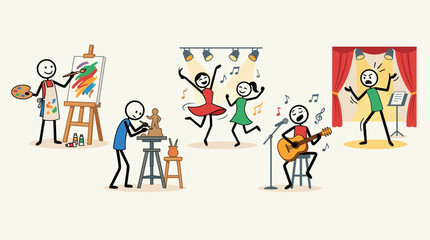 Fototapeta premium Stick figures engaged in various artistic and creative activities like painting, sculpting, dancing, singing, and acting