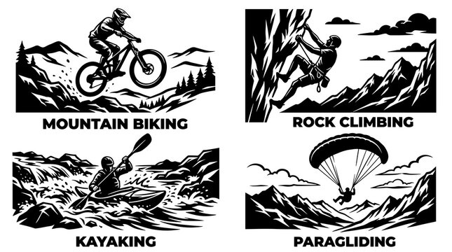 Extreme Sports Mountain Biking Rock Climbing Kayaking Paragliding Vector Graphics