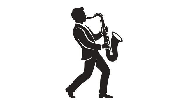 Silhouette of a man playing saxophone in a suit on a white background