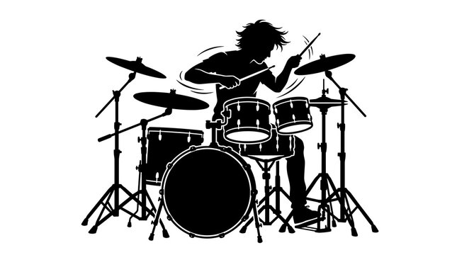 Silhouette of a drummer playing a drum kit with energy and passion