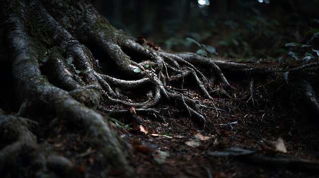 Massive tree roots sprawl across the forest floor in a dense jungle environment.
