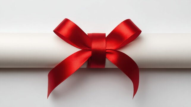 Elegant white rolled certificate tied with a shiny red satin ribbon bow on a smooth light background symbolizing achievement and celebration