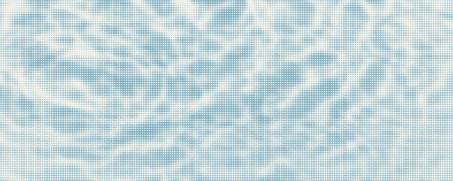 Blue halftone water surface with ripple waves and sunlight reflection. Ocean, sea or pool water top view with dot retro photocopy and comic bitmap texture. Halftone summer backdrop. Collage vector bg