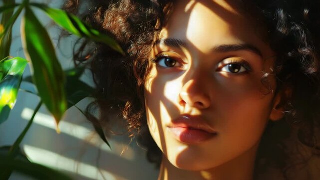 Young woman with curly hair gazing thoughtfully by indoor plant  