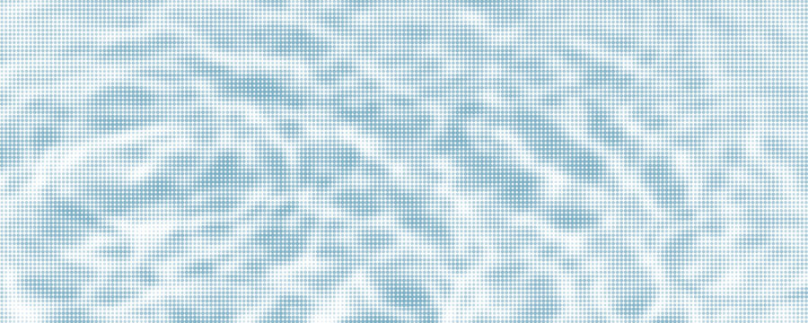 Blue halftone water surface with ripple waves and sunlight reflection. Ocean, sea or pool water top view with dot retro photocopy and comic bitmap texture. Halftone summer backdrop. Collage vector bg