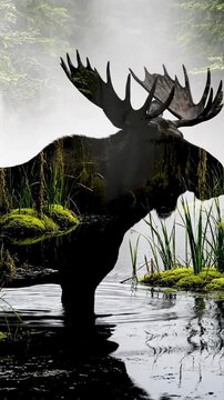 Moose antlers rise from swamp as mist fills the air with natural beauty during early morning light.