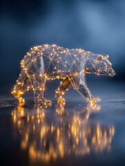 Illuminated digital wireframe sculpture of a bear walking with glowing nodes connected by delicate lines reflected on a glossy surface in moody lighting conditions