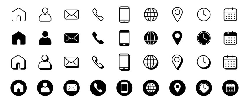Contact icon set for Website and Business, Simple Web icons with line, solid, 3d bold and 2d circle Styles, isolated on Transparent Background