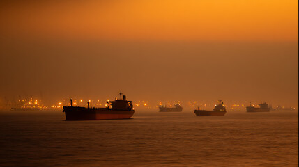 Fototapeta premium Industrial vessels silhouetted on open water at hazy dusk, distant city lights glow, tranquil maritime scene with warm orange sky