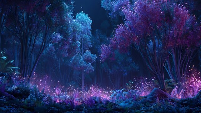 A magical nighttime forest scene with glowing purple and blue plants and trees surrounding a clearing.