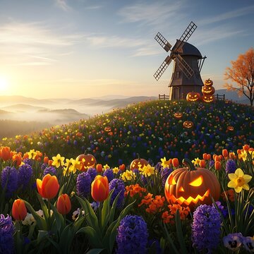 A spooky halloween scene with carved pumpkins and glowing jack o lanterns in a field of colorful spring flowers near an old windmill during a beautiful sunset landscape