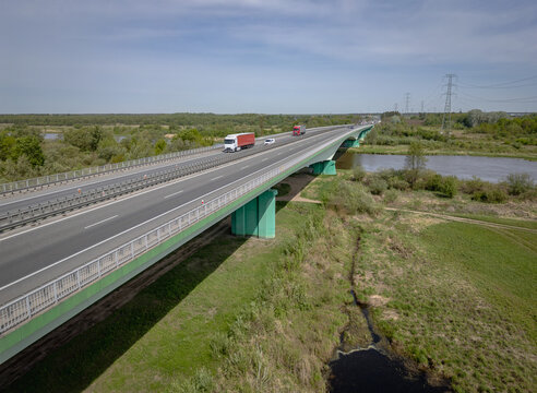 Aerial view of S8 expressway bridge over the Bug river in Wyszkow, Poland