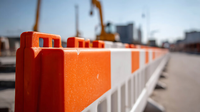 Road barrier at construction area, a long row of orange and white temporary fences direct traffic, with blurry heavy machinery in background