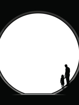 Silhouettes of a parent and child stand before a massive glowing circular window that casts a stark light against the deep black interior wall.