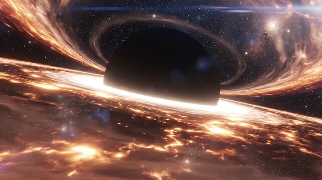 A stunning digital artwork depicts a swirling accretion disk surrounding a black hole, showcasing the intense gravitational forces and cosmic phenomena of deep space.