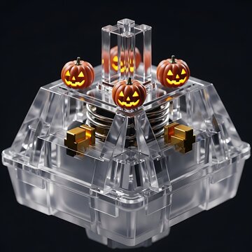 Clear mechanical keyboard switch with custom orange pumpkin keycap for a festive halloween gaming setup on a dark background