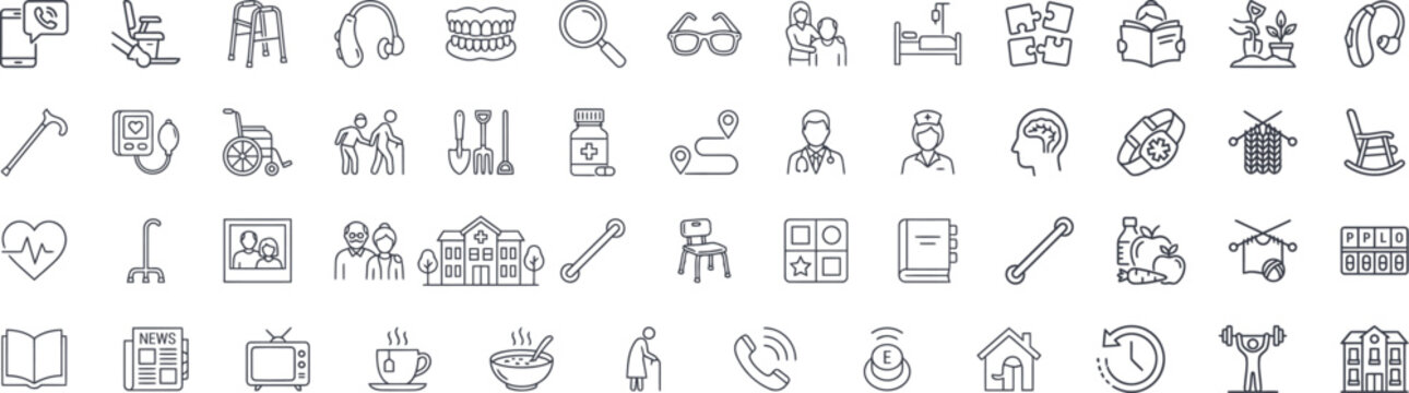 Elderly Care and Senior Lifestyle Line Icons Set &ndash; Geriatric Healthcare, Nursing Home, and Retirement Vectors