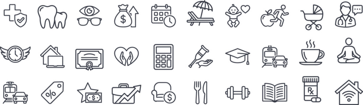 Employee Benefits and Corporate Perks Line Icons Set &ndash; Compensation, Business Perks, and Human Resources Vectors