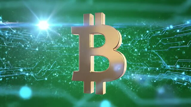 A gleaming gold Bitcoin symbol is dynamically overlaid with a network of glowing 