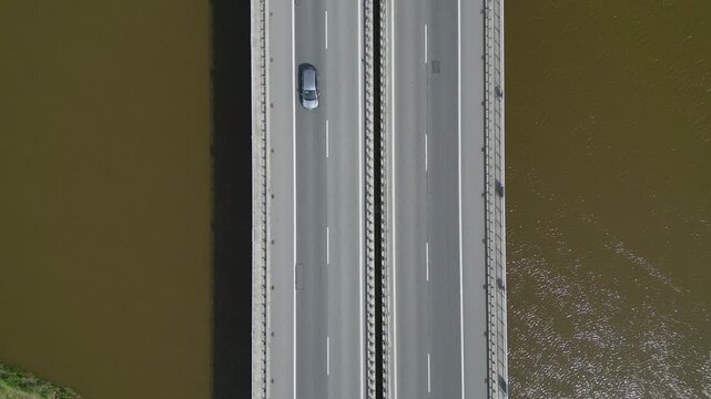 Top down view of S8 expressway bridge over the Bug river in Wyszkow, Poland